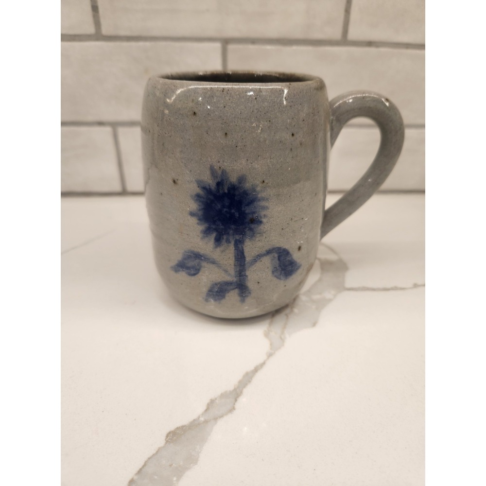 Vintage Studio Art Pottery Salt Glazed Coffee Tea Mug With Blue Flower Signed